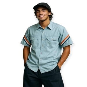 90s Dex Mechanic Shirt Light Blue Short Sleeves Racing Stripes B-boy Mens Medium